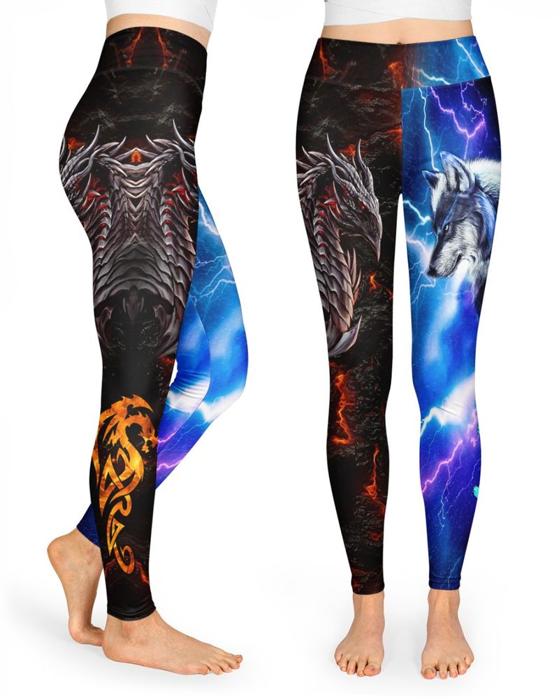 Dragon And Wolf Fire And Thunder High Waist Leggings