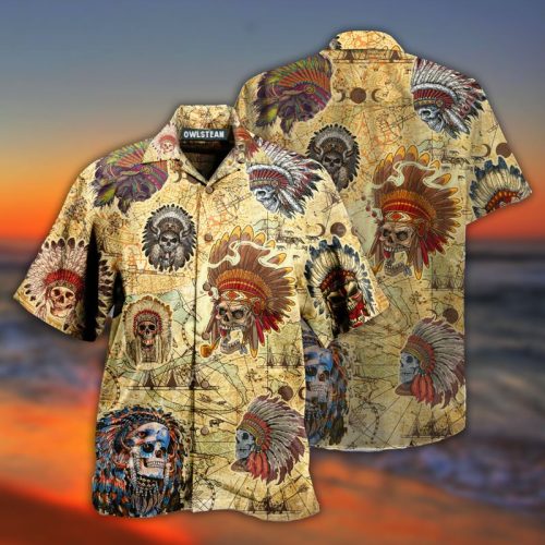 Native American Skulls Vintage Maps Hawaiian Shirt