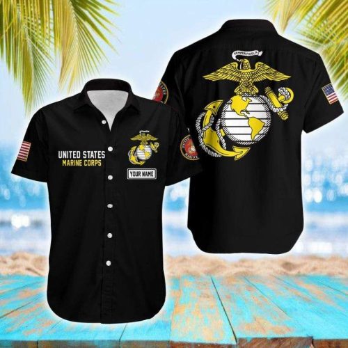 Personalized Name Black Us Marine Corps Unisex Hawaiian Shirt