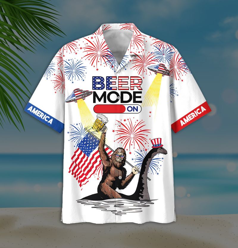 Bigfoot Beer Mode On Firework Independence Day Hawaiian Shirt