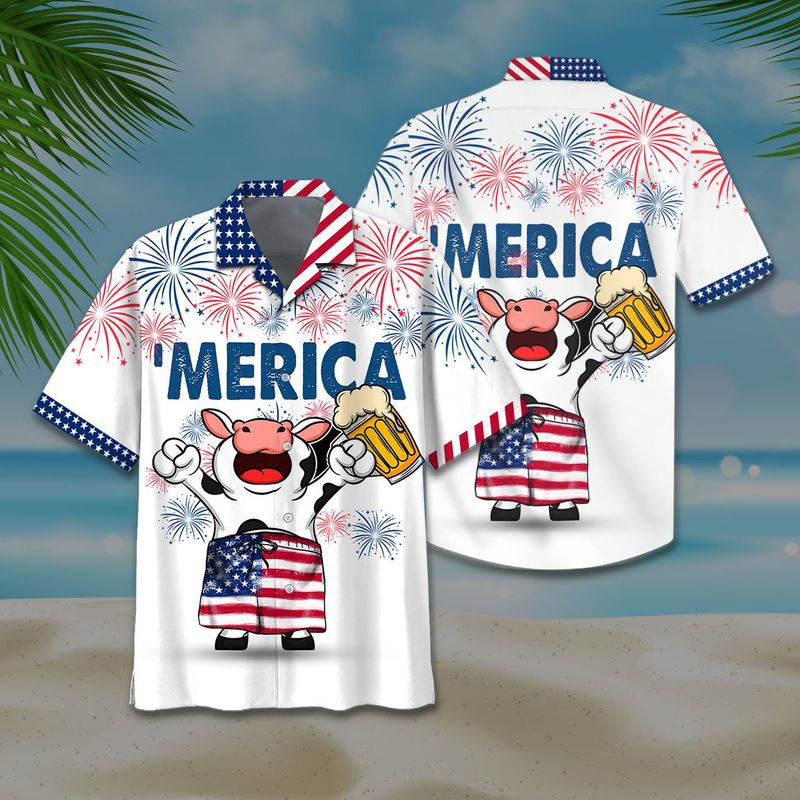Cow And Beer Fireworks Independence Day Hawaiian Shirt