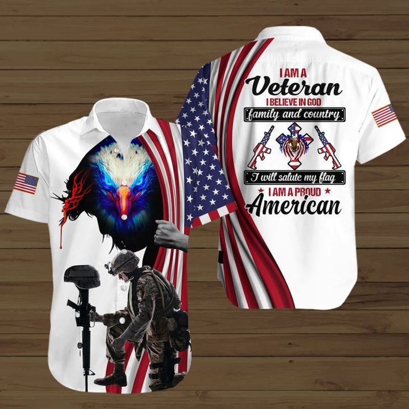 I Am A Veteran I Believe In God Family And Country I Will Salute My Flag I Am A Proud American Button Shirt