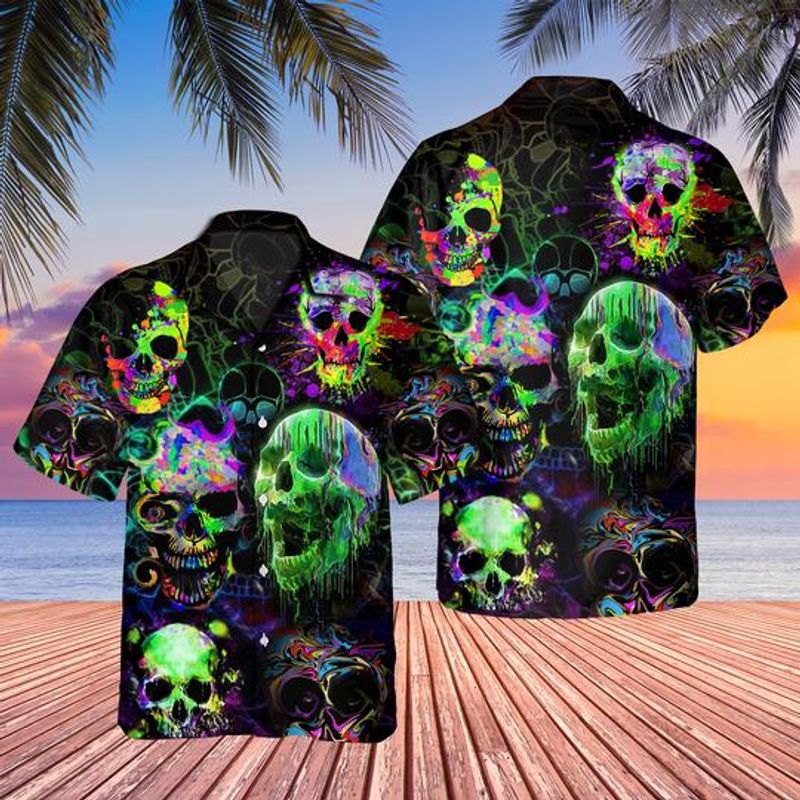 Green Watercolor Splash Skulls Hawaiian Shirt