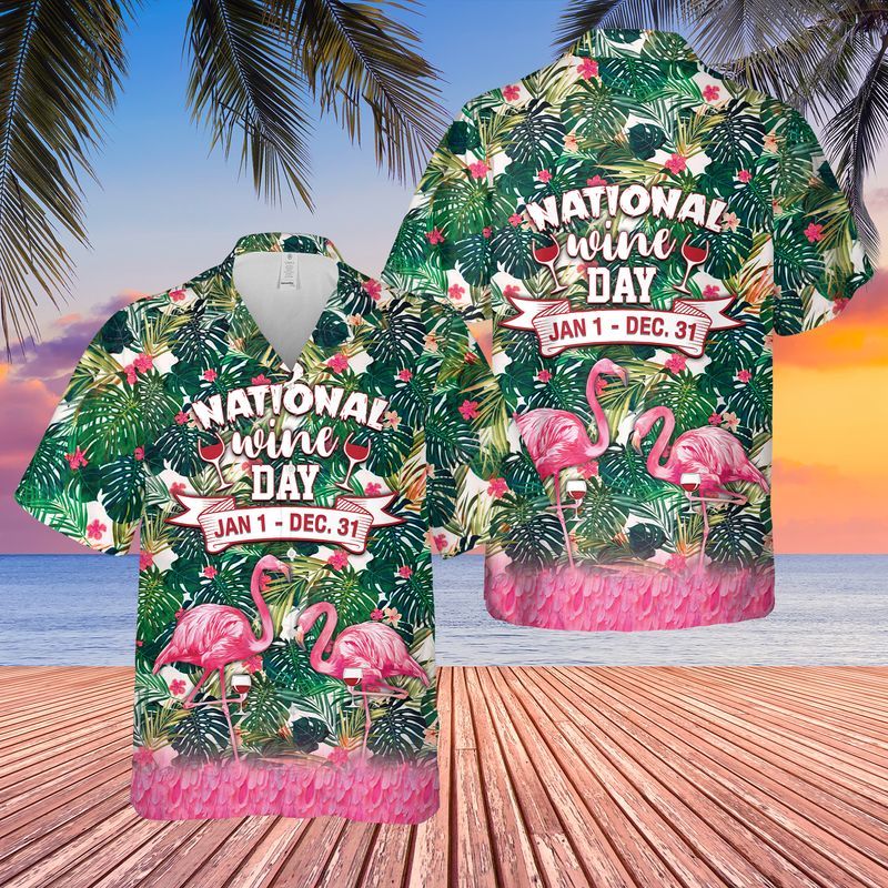 National Wine Day Flamingo Short Sleeve Hawaiian Shirt