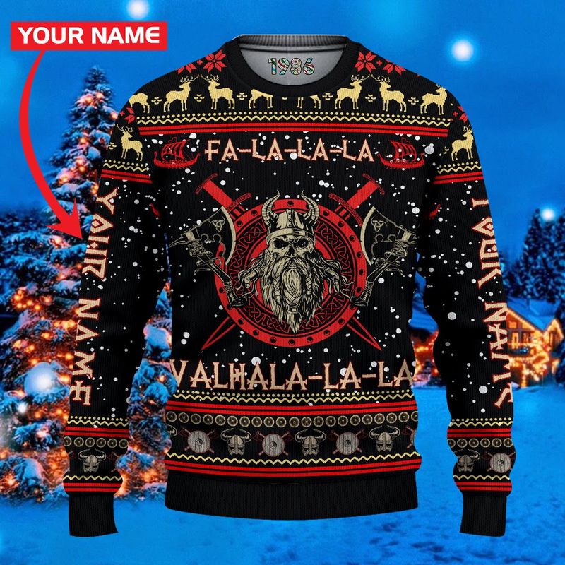Personalized Name Knitted Fa La La La Valhalla Viking Ugly Christmas Sweater