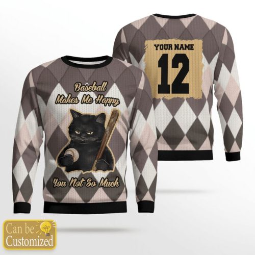 Personalized Black Cat Baseball Makes Me Happy You Not So Much Ugly Christmas Sweater