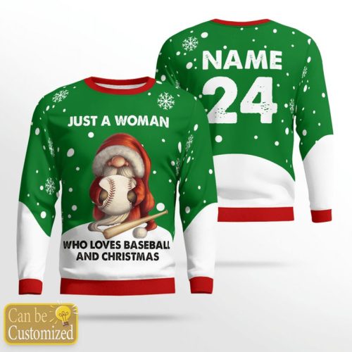 Personalized Gnome Just A Woman Who Loves Baseball And Christmas Ugly Christmas Sweater