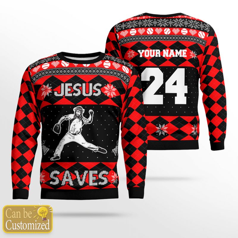 Personalized Baseball Jesus Save Ugly Christmas Sweater
