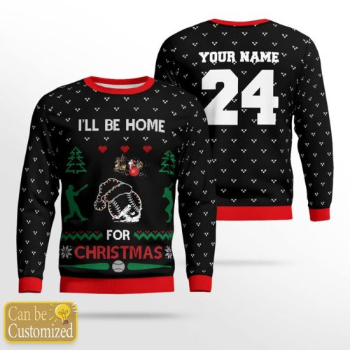 Personalized Baseball Ill Be Home For Christmas Ugly Christmas Sweater