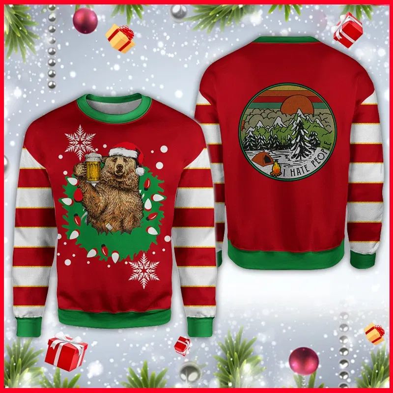 New 2021 Bear Beer I Hate People Camping Ugly Christmas Sweater