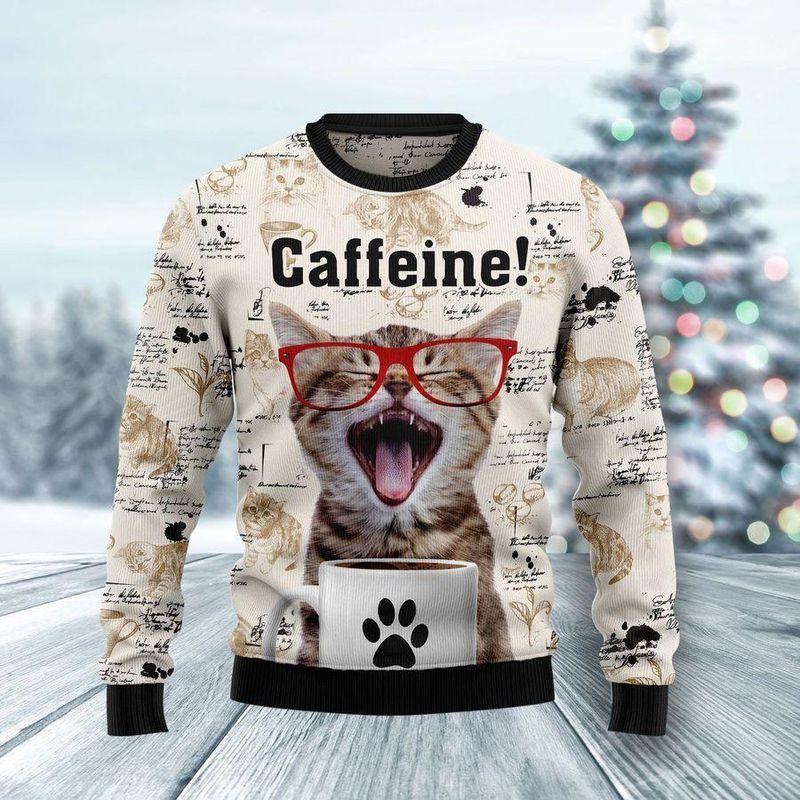 New 2021 Cat Caffeine Ugly Christmas Sweater