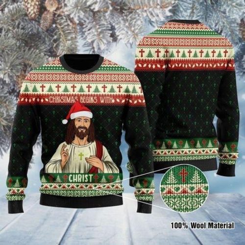 New 2021 Christmas Begins With Christ Jesus Ugly Christmas Sweater