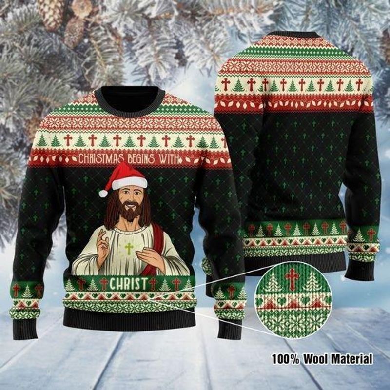 New 2021 Christmas Begins With Christ Jesus Ugly Christmas Sweater