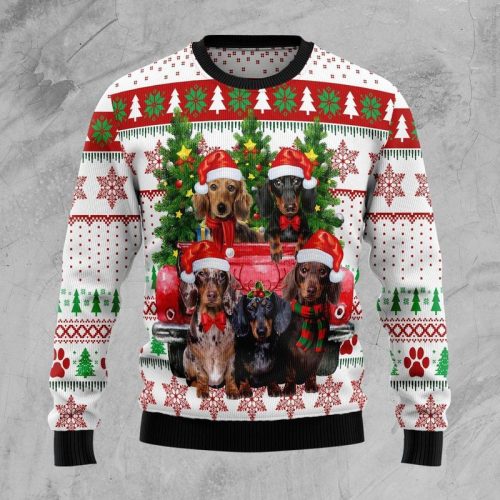 New 2021 Dachshund Red Truck Ugly Christmas Sweater