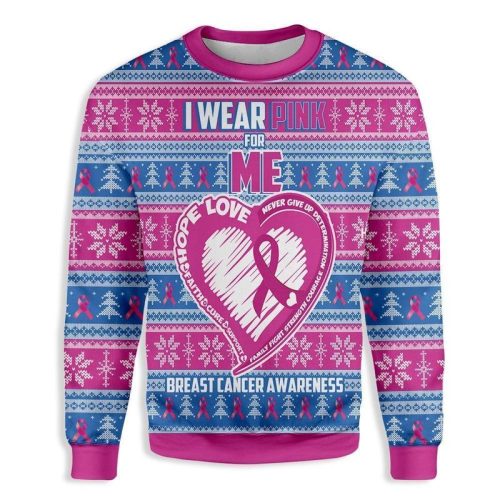 New 2021 I Wear Pink For Me Breast Cancer Awareness Ugly Christmas Sweater