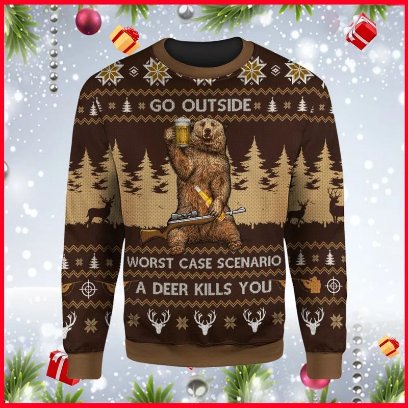 New 2021 Hunting Christmas Go Outside Worst Case Scenario A Deer Kills You Ugly Christmas Sweater