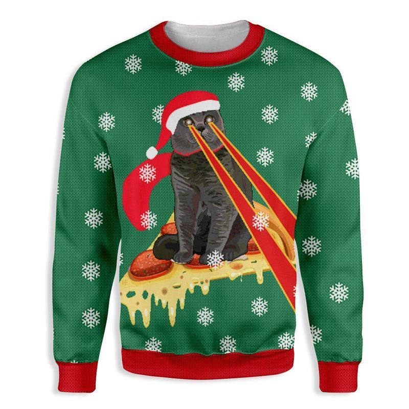 New 2021 Pizza Cat With Laser Eyes Ugly Christmas Sweater