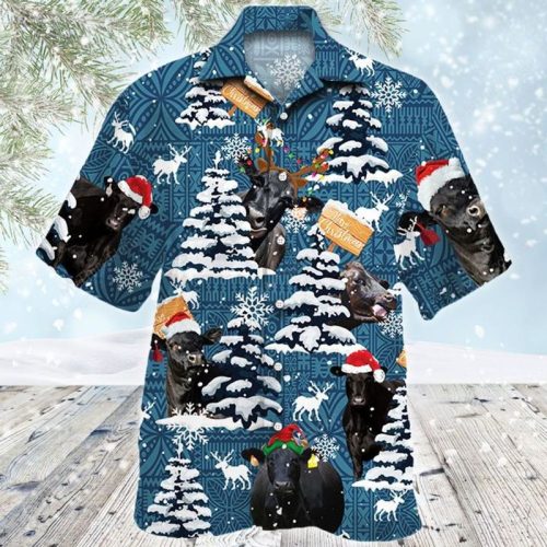 Black Angus Cattle Lovers Blue Tribal Christmas Hawaiian Shirt