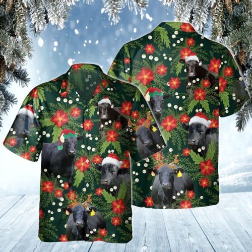 Black Angus Cattle Lovers Christmas Red Flower Hawaiian Shirt