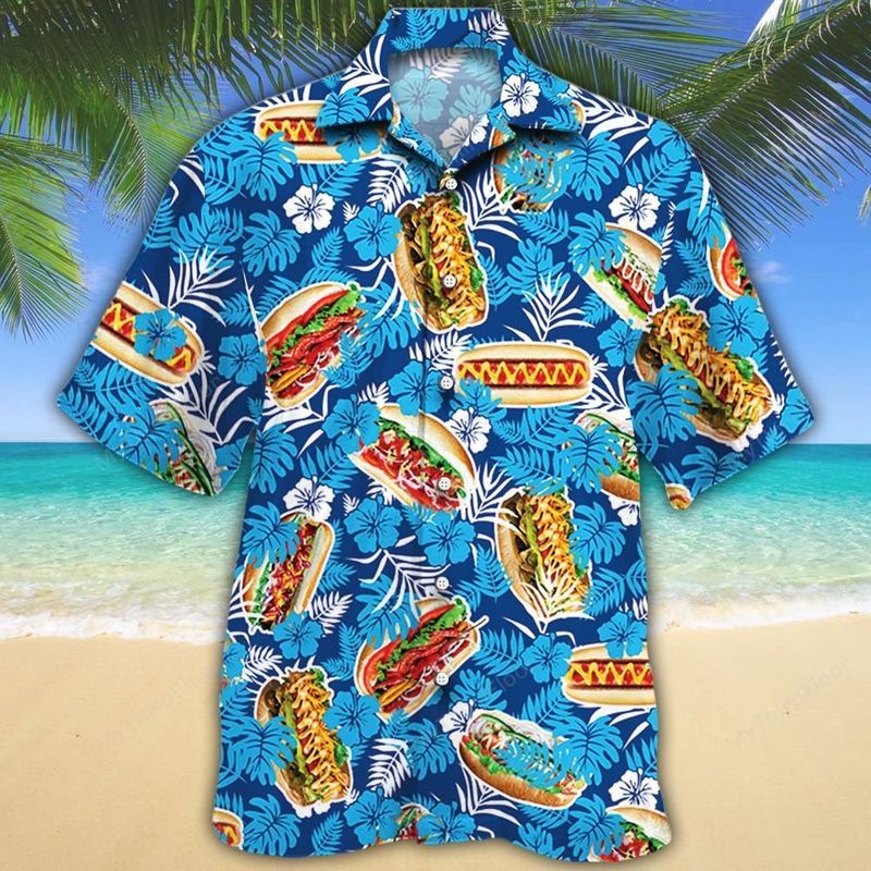 Hot Dog Lovers Blue Floral Hawaiian Shirt