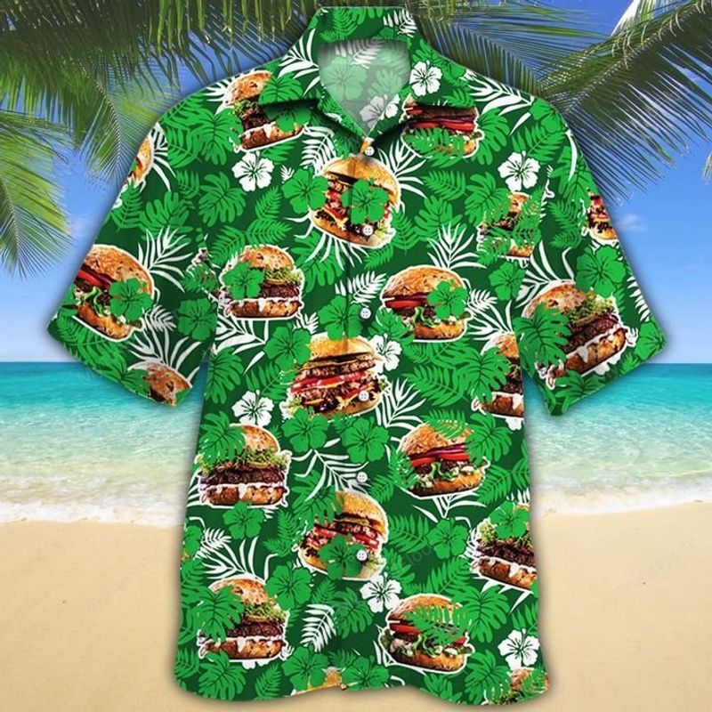 Burger Lovers Green Floral Hawaiian Shirt