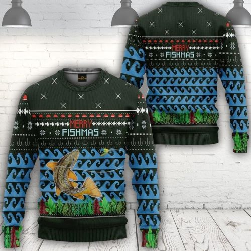 New 2021 Merry Fishmas Brown Trout Fishing Ugly Christmas Sweater