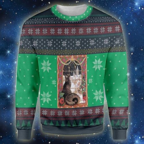 New 2021 Cat Christmas Snow Window Ugly Christmas Sweater