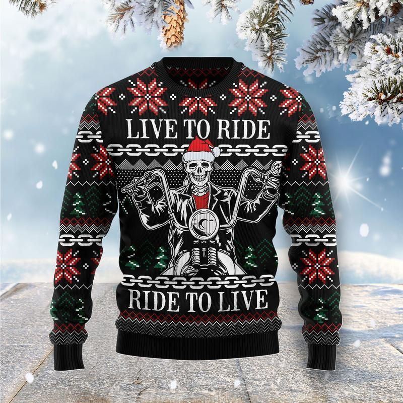 New 2021 Live To Ride Motorbike Skeleton Ugly Christmas Sweater