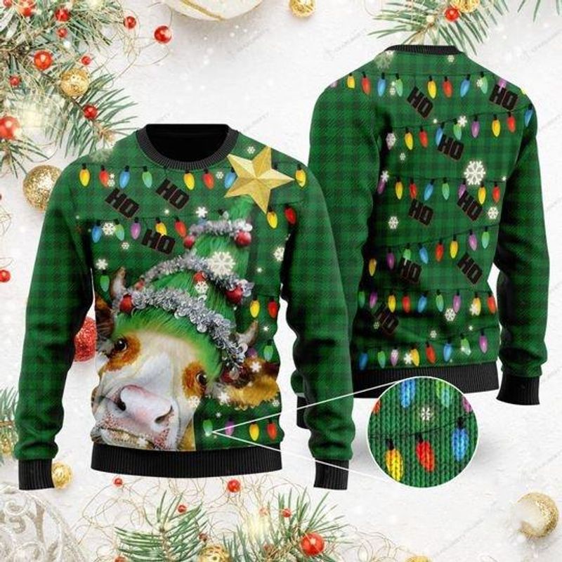 New 2021 Ho Ho Ho Cow Christmas Tree Ugly Christmas Sweater