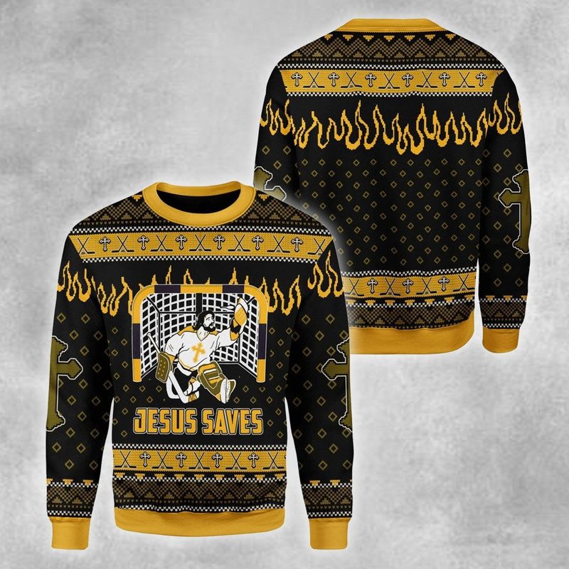 New 2021 Jesus Saves Hockey Ugly Christmas Sweater