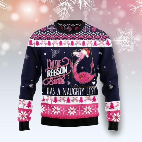 New 2021 Flamingo I Am The Reason Santa Has A Naughty Ugly Christmas Sweater