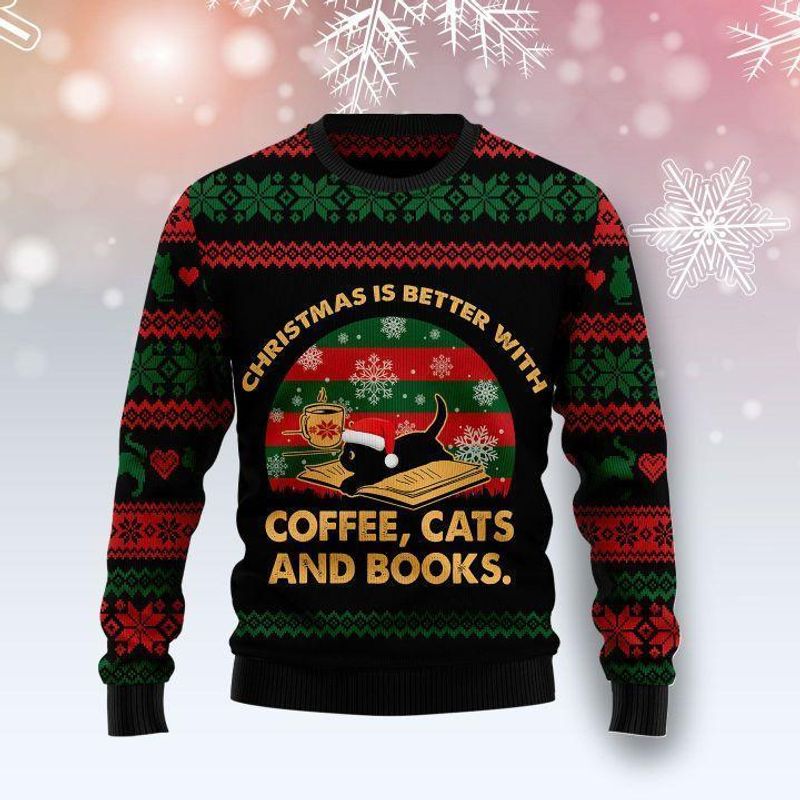 New 2021 Christmas Better With Coffee Cats And Books Ugly Christmas Sweater