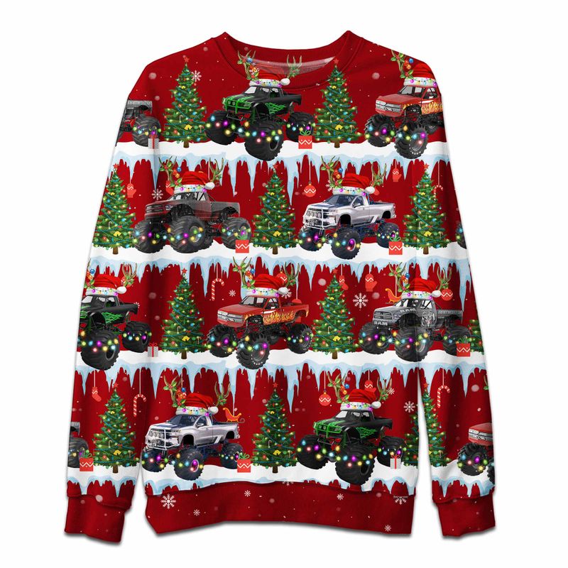 Seamless Monster Truck Red Ugly Christmas Sweater