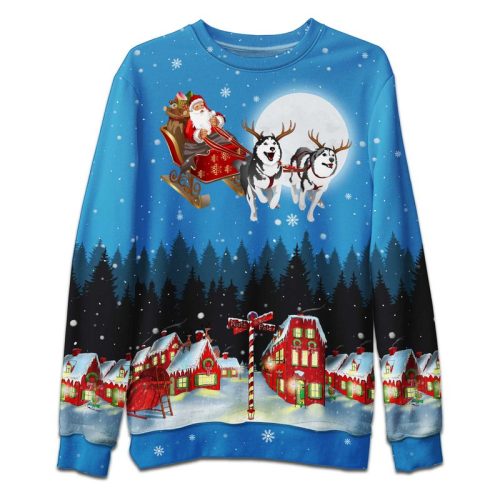 Santa Husky Sleigh Ugly Christmas Sweater