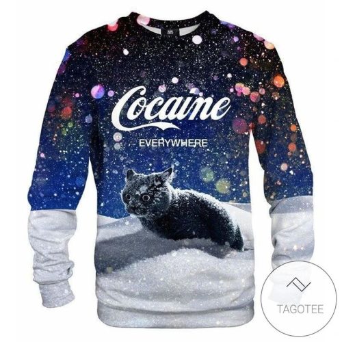 Blue Glitter Cat Cocaine Snow Ugly Christmas Sweater