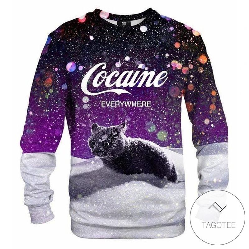 Purple Cat Cocaine Snow Sweatshirt Knitted Ugly Christmas Sweater