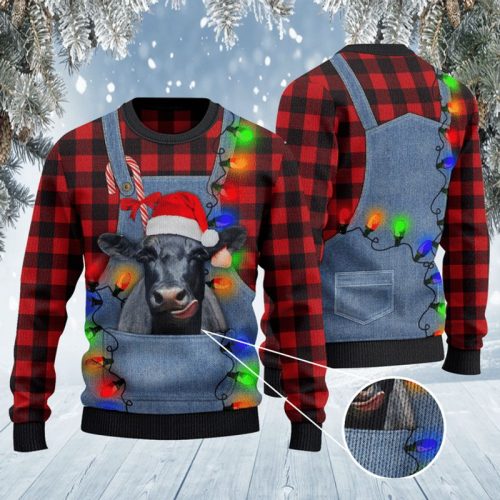 Black Angus Cattle Lovers Red Plaid Shirt And Denim Bib Overalls Ugly Christmas Sweater