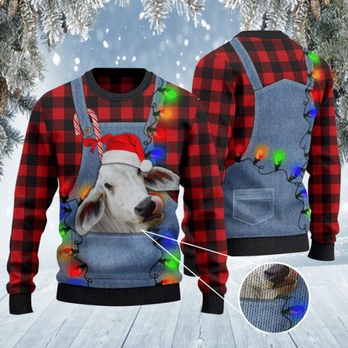 Brahman Cattle Lovers Red Plaid Shirt And Denim Bib Overalls Ugly Christmas Sweater
