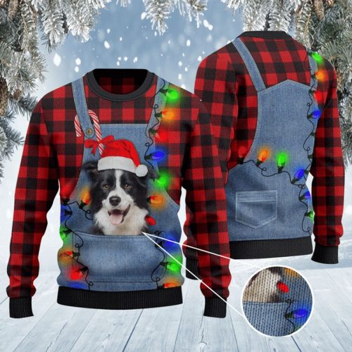 Border Collie Dog Lovers Red Plaid Shirt And Denim Bib Overalls Ugly Christmas Sweater