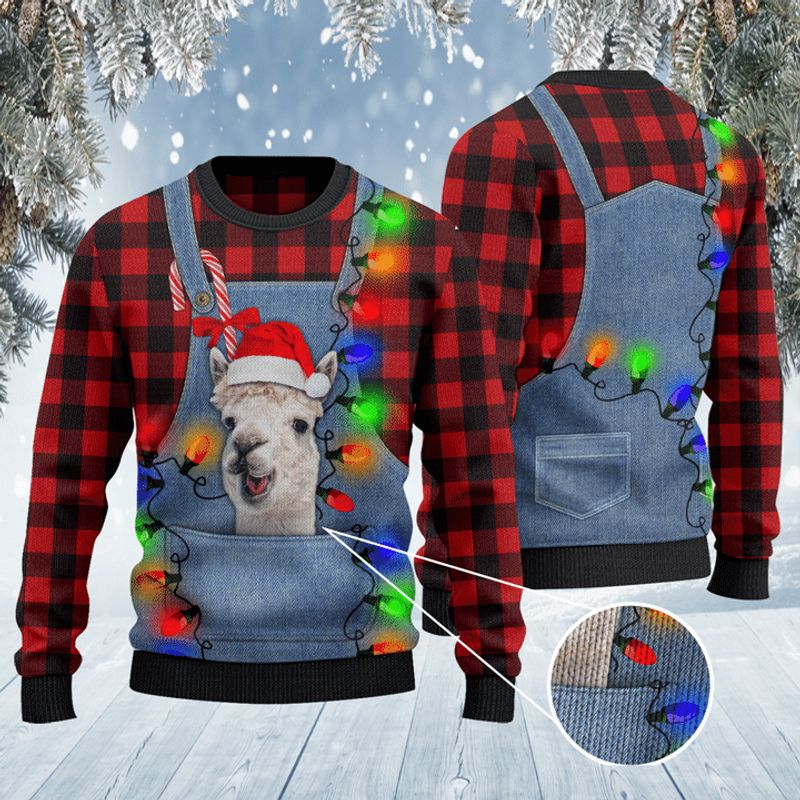 Alpaca Lovers Red Plaid Shirt And Denim Bib Overalls Ugly Christmas Sweater