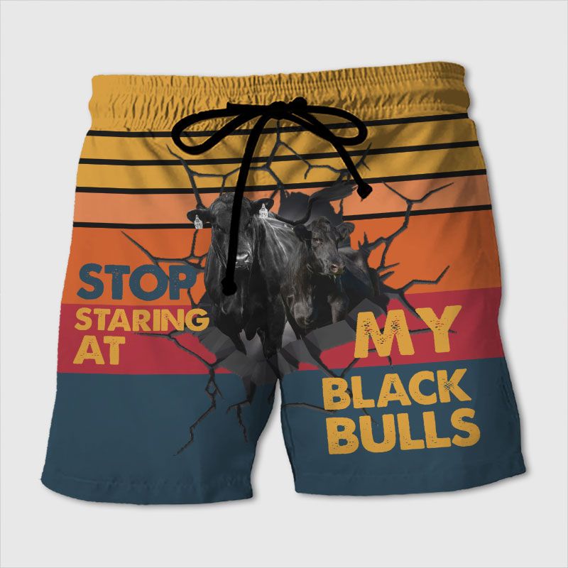 Stop Staring At My Black Bulls Funny Angus Swim Trunks Beach Shorts