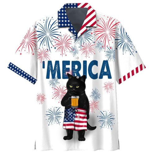 Black Cat Drink Beer Firework Independence Day Hawaiian Shirt Beach Shorts