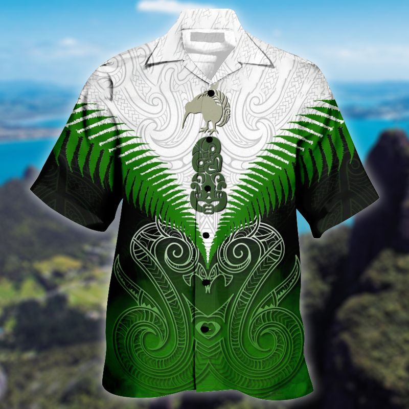 Maori Manaia New Zealand Green White Hawaiian Shirt