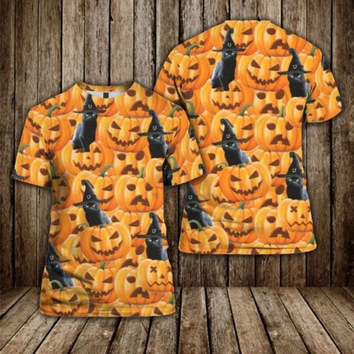 Black Cat Halloween Pumpkin 3 D T Shirt