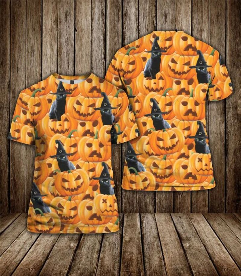 Black Cat Halloween Pumpkin 3 D T Shirt