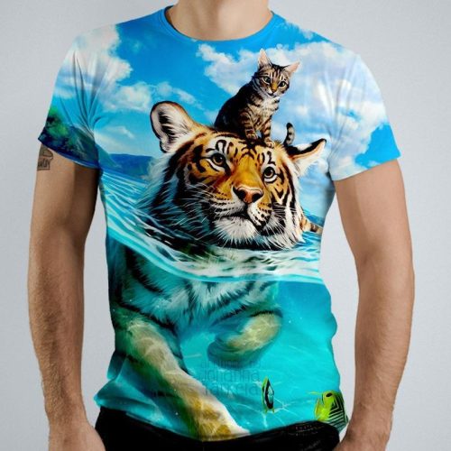 Cat Tiger Swimming 3 D Graphic Printed Short Sleeve Shirt