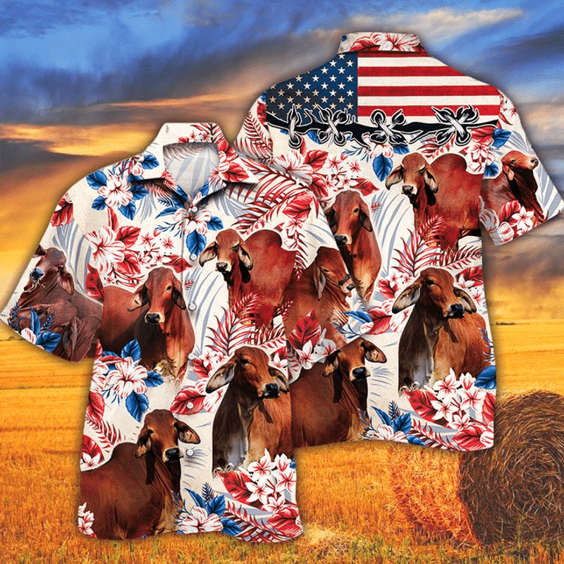Red Brahman Cattle Lovers American Flag Hawaiian Shirt