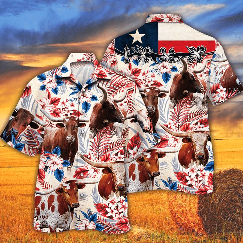 Texas Longhorn Cattle Lovers Texas Flag Hawaiian Shirt