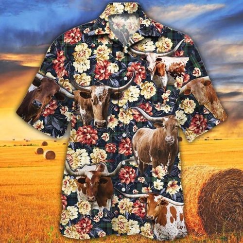TX Longhorn Cattle Lovers Green Plaid Pattern Hawaiian Shirt