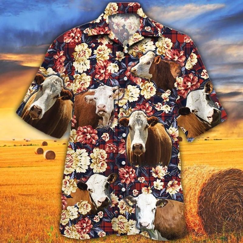 Hereford Cattle Lovers Red Plaid Pattern Hawaiian Shirt